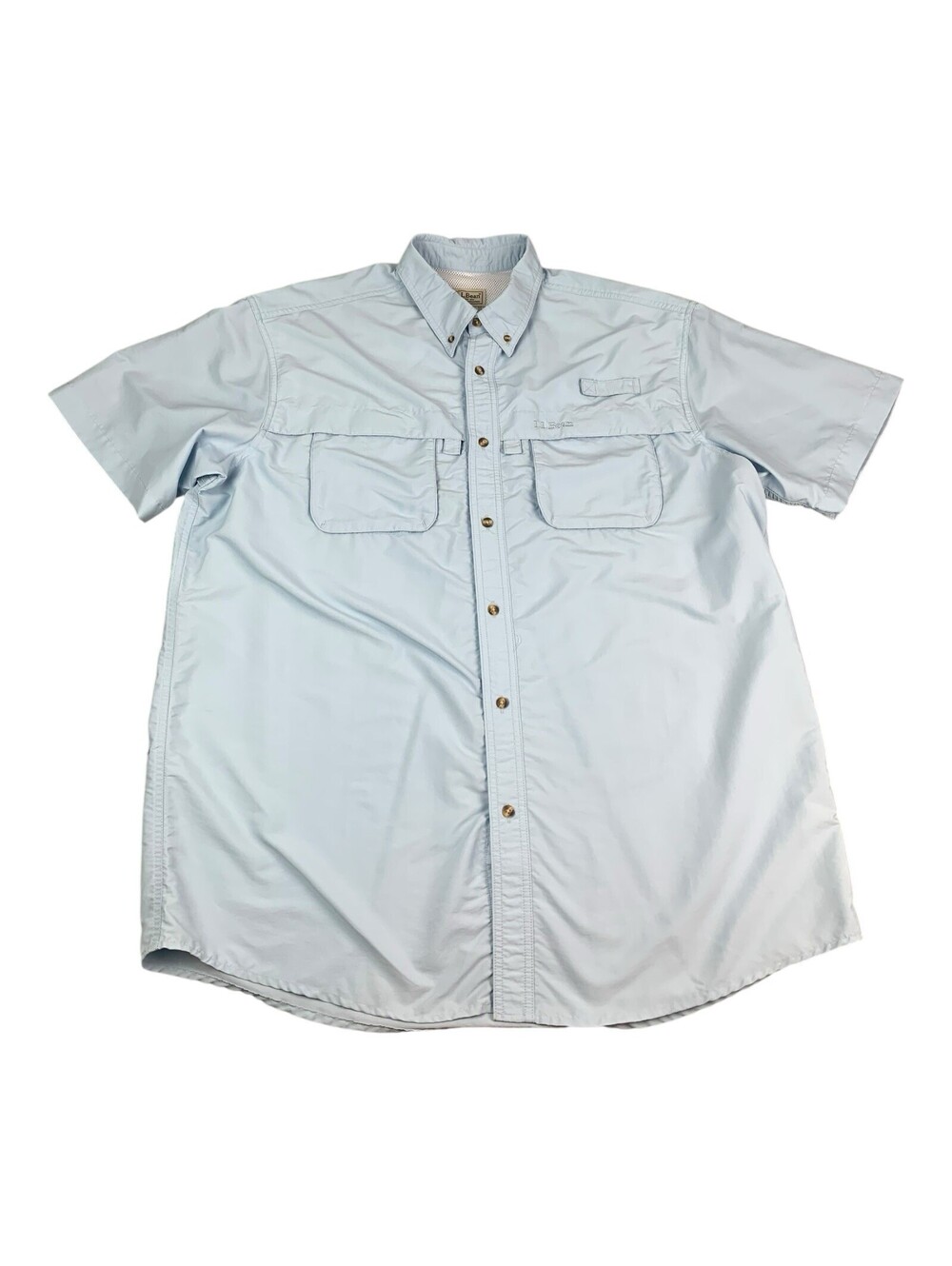LL Bean Short Sleeve Button Down Fishing Shirt, Light Blue, Vented, Mens XL-Tall